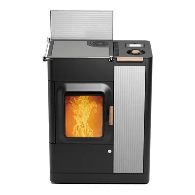 Poêle mixte Austroflamm Mo Duo Cook céramique bright white avec flamme, vue de face
