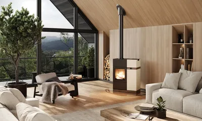 Poêle mixte Austroflamm Quadra Duo pierre velvet ivory sur socle bois dans un séjour
