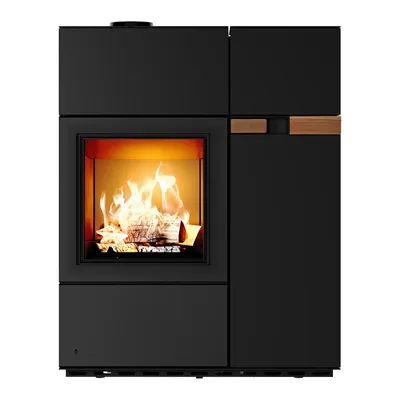 Poêle mixte Austroflamm Quadra Duo habillage acier, vue de face avec feu de bois