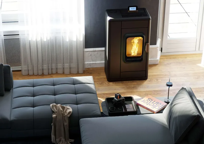 Poêle à pellets Austroflamm Ruby en acier installé dans un salon