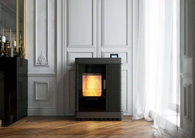 Poêle mixte Austroflamm Scotty Duo céramique dark anthracite dans un salon classique