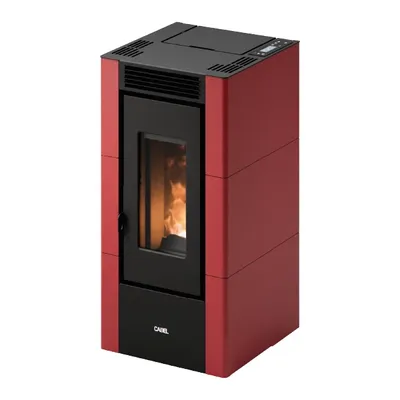 Poêle à granulés Cadel Cristal 6 en finition Acier Rouge Bordeaux, vue détourée