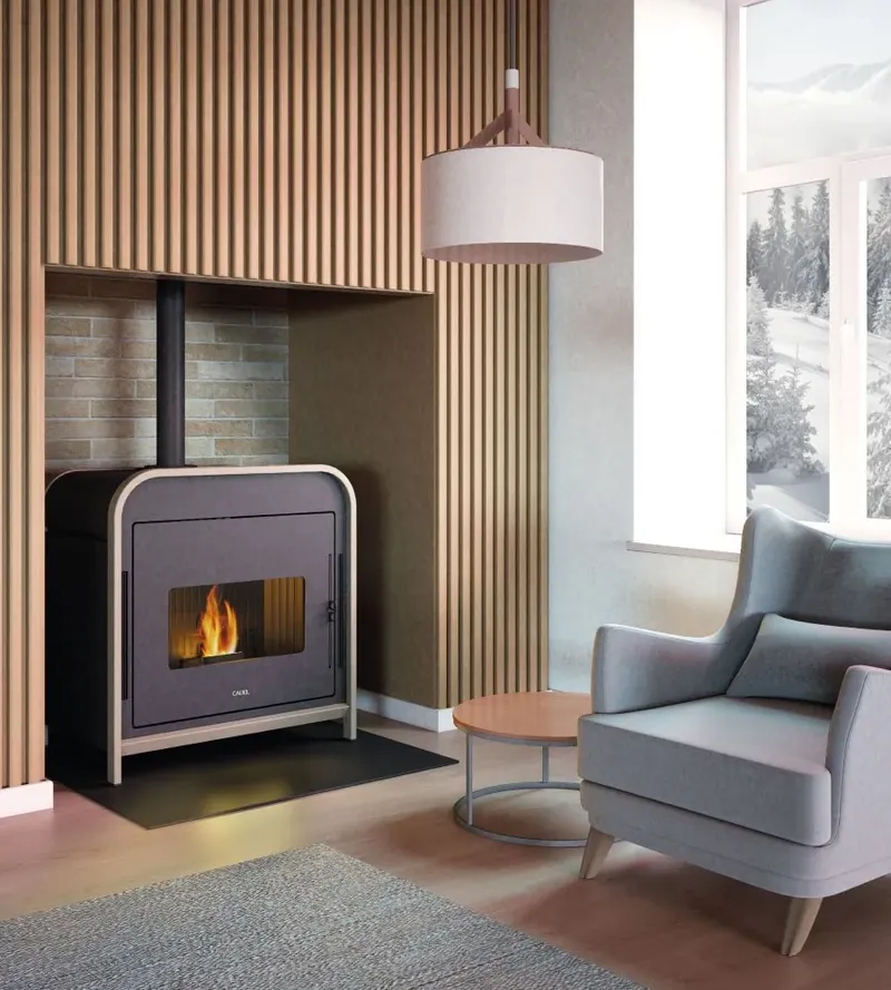 Poêle à granulés Cadel Frame 9 Up-Twin installé dans une pièce