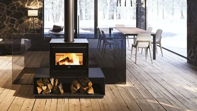 Poêle à bois Edilkamin Bench 54 Evo, installé en îlot