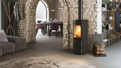 Poêle à bois Edilkamin Polo Evo2, acier noir, installé dans un séjour