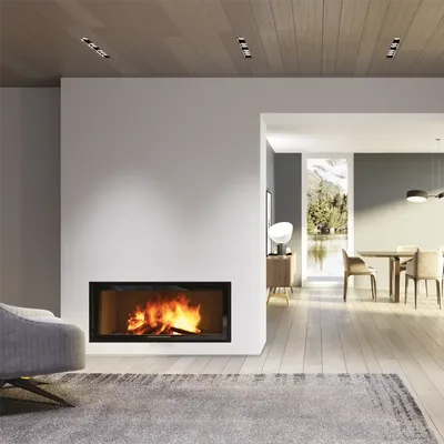 Foyer à bois Edilkamin Windo 100 Evo, installé dans une cloison