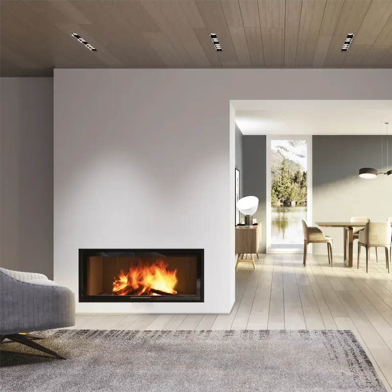 Foyer à bois Edilkamin Windo 100 Evo, installé dans une cloison