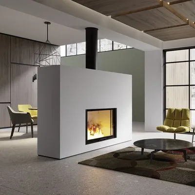 Foyer à bois Edilkamin Windo 90 Evo, installé dans une cloison