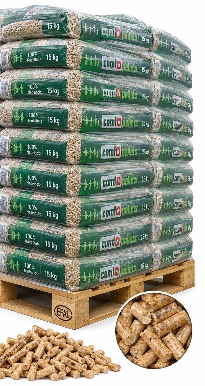 Palette de sacs de pellets Comfo de 15 kg, avec des granulés en gros plan